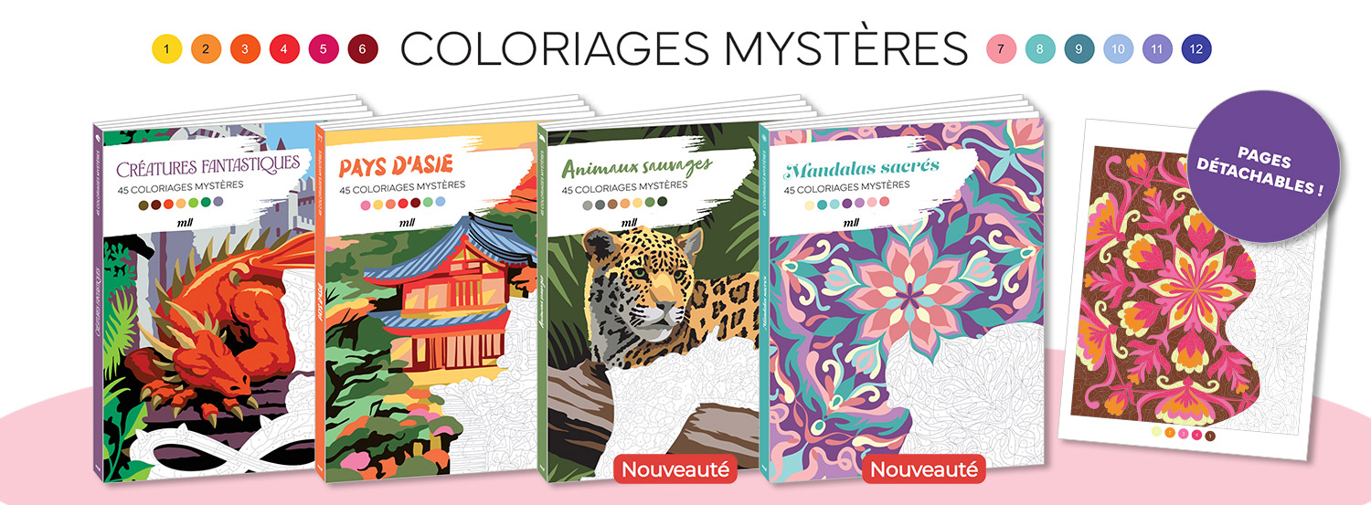 Coloriages mystères : Créatures fantastiques / Pays d'Asie / Animaux sauvages / Mandalas sacrés